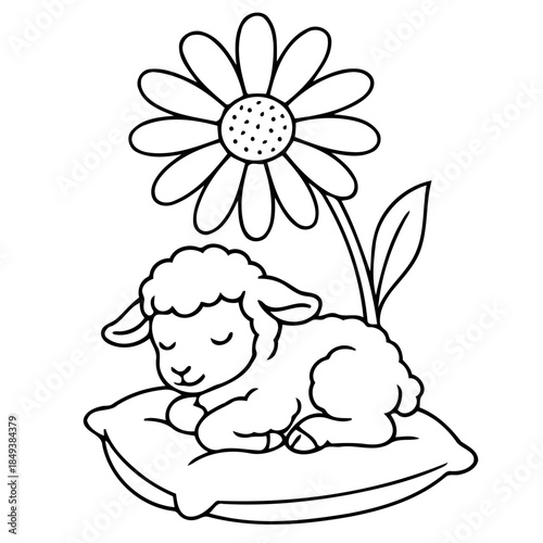 Dreaming Lamb: A serene lamb rests peacefully on a soft pillow beneath the gentle shade of a daisy flower, embodying tranquility.