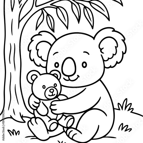 Koala and Teddy Illustration: A cuddly koala bear with endearing eyes tenderly embraces a teddy bear beneath the shelter of a sturdy tree, a simple illustration representing innocence and affection.