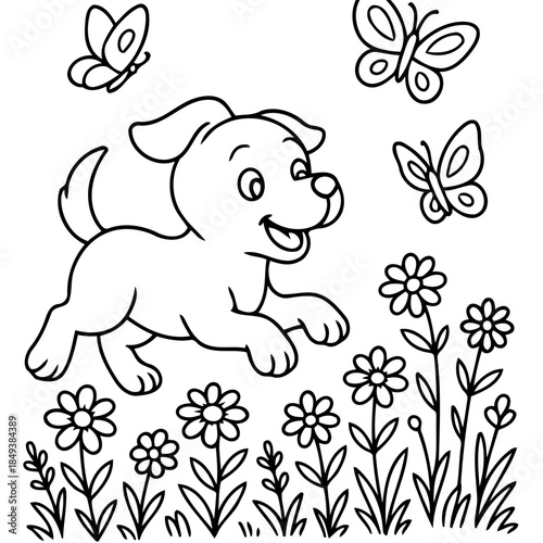 Puppy in Flower Garden: a happy puppy frolics joyfully amidst a vibrant flower garden, interacting with fluttering butterflies in an illustrated scene of nature and innocence.