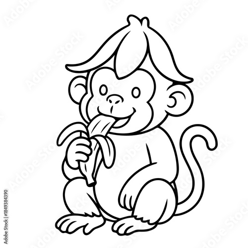 Monkey savoring a banana: A delightful cartoon monkey, adorned with a whimsical banana hat, is relishing a ripe banana in a playful pose.