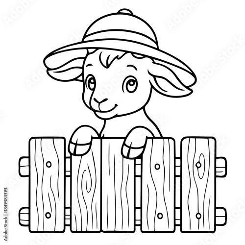 Whimsical Lamb in a Hat: A charming illustration depicts a sweet lamb wearing a stylish hat, peeking playfully over a wooden fence, embodying the innocence of farm life and the wonder of childhood.