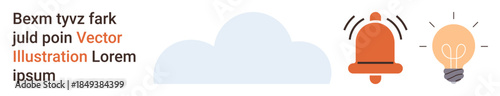 Notifications, creativity, ideas, alert systems, cloud storage, innovation. A red bell next to a glowing light bulb and a cloud shape. Notifications and creativity visually