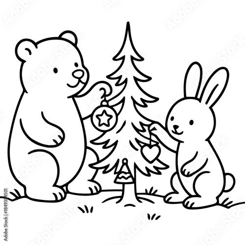 Christmas Friends: A heartwarming scene unfolds as a friendly bear and rabbit decorate a Christmas tree together, creating a cozy holiday atmosphere, perfect for greeting cards and seasonal designs.