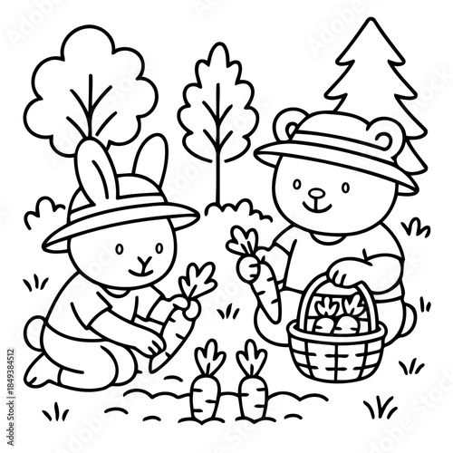 Garden Companions: Adorable bear and bunny working together, harvesting carrots, fostering a heartwarming scene of teamwork and companionship in a charming garden.