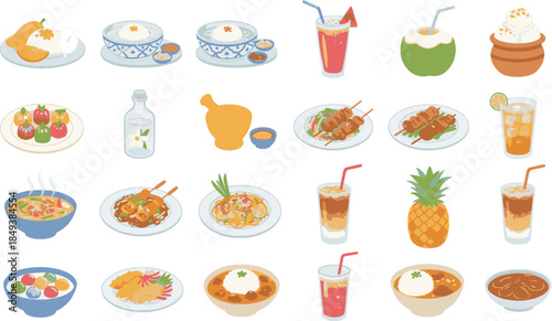 Variety of delicious Thai cuisine and beverages. Colorful illustration featuring various dishes and refreshing drinks