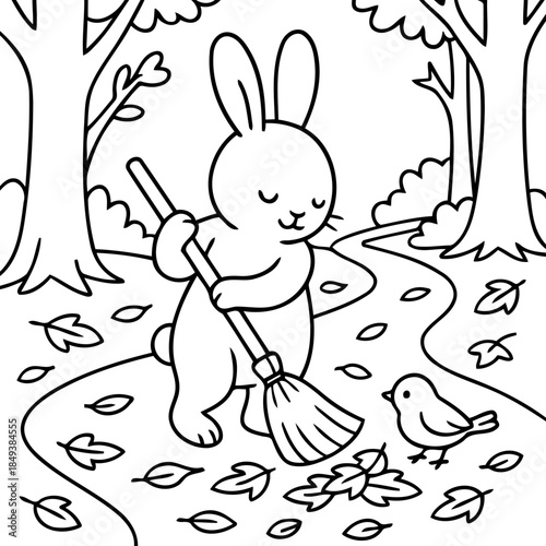 Rabbit and Bird: A charming bunny diligently sweeps a path through a forest trail, accompanied by a little bird, creating a picturesque autumn scene. 