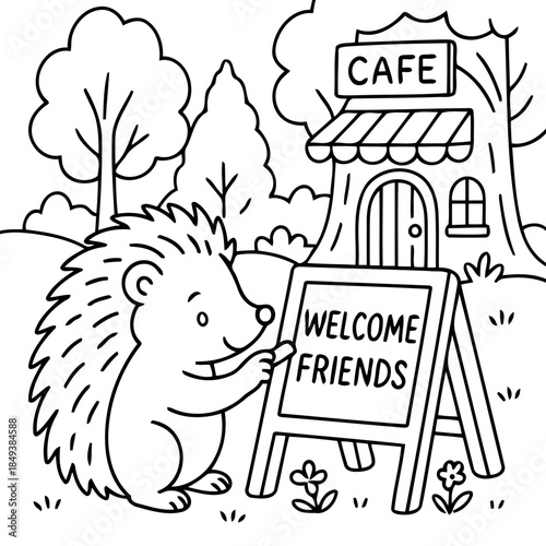 Hedgehog's Cafe Welcome: An endearing illustration shows a friendly hedgehog inviting passersby to a charming cafe in a natural setting. The scene evokes a feeling of warmth, welcome, and community.