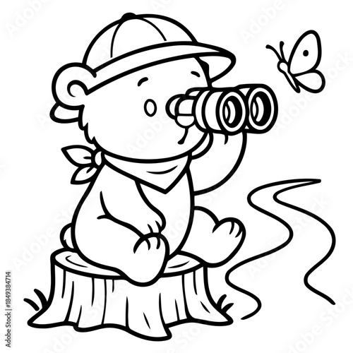 Adventurous Bear Cub: A charming bear cub, dressed for adventure, gazes intently through binoculars, spotting a butterfly nearby, as it sits atop a tree stump in search of discovery.