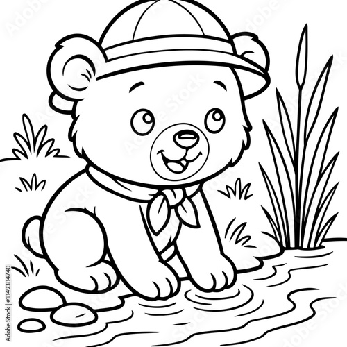 Bear cub in the water: A cute bear cub, wearing a hat and scarf, enjoys the water near the plants. This monochrome illustration captures the joyful interaction of a little bear cub.