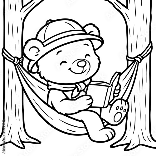 Bear Reading in a Hammock: A charming illustrated bear, peacefully reading a book while reclining in a cozy hammock slung between two trees, enjoying a moment of tranquility.