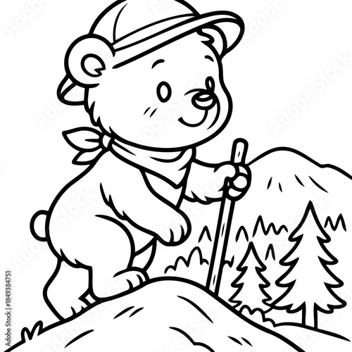 Hiking Bear Adventure: An illustrated bear character embarks on a hiking expedition, traversing a mountain path with determination and a sense of adventure.