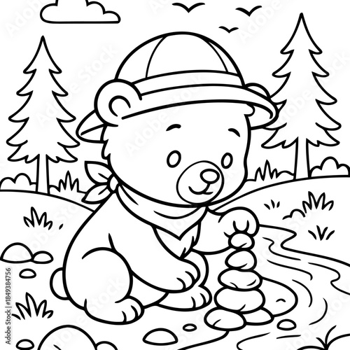 Bear building stone stack: A delightful bear, equipped with a hat and scarf, meticulously balances stones, creating a stack against a serene natural backdrop.