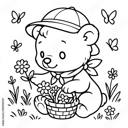 Playful Bear in Floral Meadow: A cute, cap-wearing bear gathers flowers in a woven basket, surrounded by butterflies in a whimsical, joyful scene.