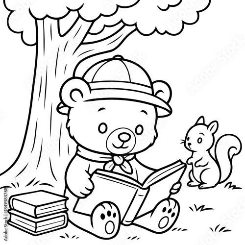 Teddy Bear's Literary Retreat: A charming illustration depicts a teddy bear engrossed in a book, seated beneath a sheltering tree. Alongside, a squirrel observes the scene.