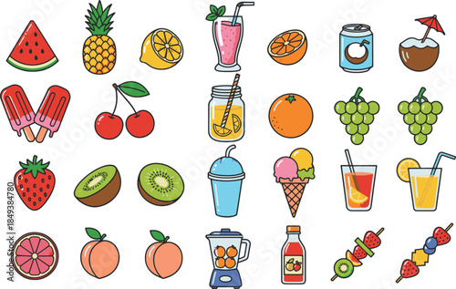 A collection of fresh, delicious and colorful fruit and drink icons that are perfect for summer days. These icons are in a cute, cartoonish style, making them eye-catching and fun.