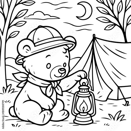 Cute Bear's Camping Adventure: A friendly bear cub sets up camp.