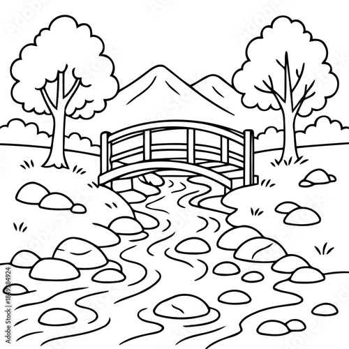 Serene Landscape: A picturesque scene of nature unfolds with a charming bridge arching over a flowing river, framed by lush trees and distant mountains, ideal for coloring book.