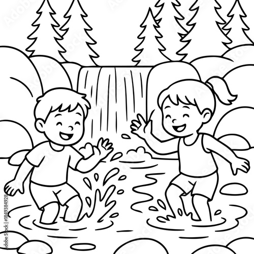Joyful Water Play: Two children splash and play in a clear stream near a cascading waterfall. Capture the innocent delight of kids enjoying the simple pleasures of nature.