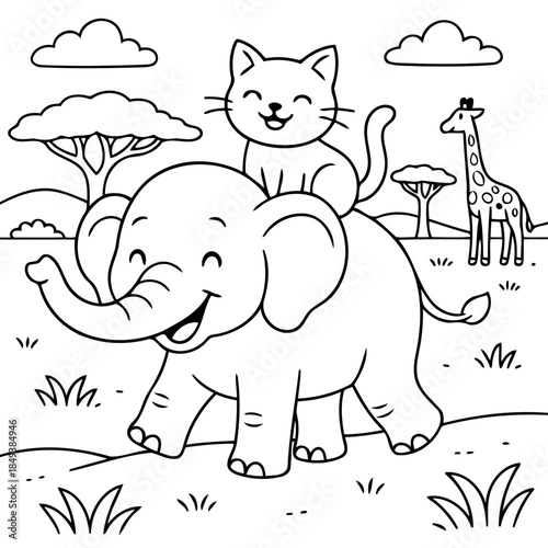 Safari Adventure: A delightful monochrome illustration depicts a playful feline riding atop a jovial elephant, embarking on an exciting safari adventure, with a friendly giraffe in the background.