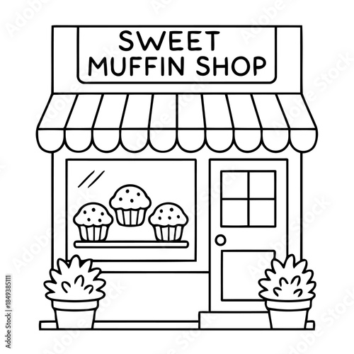 Sweet Muffin Shop: A charming illustration showcases a quaint shop front, where delightful muffins are proudly displayed in the window. A visual treat that promises sweet indulgence.