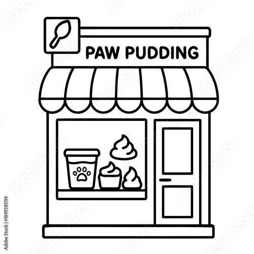 Paw Pudding Shopfront: An illustrated shopfront, showcasing a pet store or establishment selling unique treats.