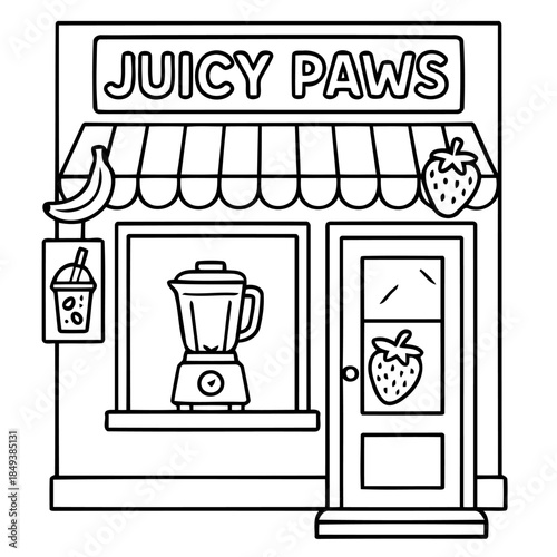 Juicy Paws Storefront: A monochrome illustration of a vibrant smoothie shop, promising refreshment with a display of fresh fruits and inviting ambiance.