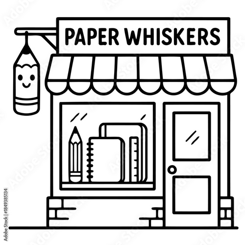 Paper Whiskers Stationery Shop: An illustration of a whimsical stationery shop. It features a facade with a sign and display window filled with various supplies.