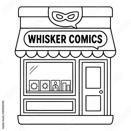 Whiskers Comics Shop: A detailed illustration of a comic book store, complete with signage, window display, and intricate architectural details.