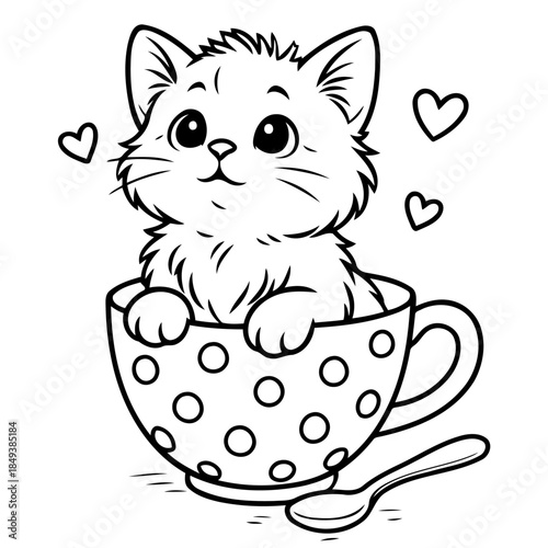 Cute kitten in teacup: An adorable kitten is snuggled inside a polka-dot teacup, exuding an air of warmth. Heart symbol floating around the kitten, expressing a feeling of affection.