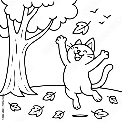 Joyful Cat's Autumn Dance: A cheerful cat, brimming with delight, leaps amidst falling leaves under a towering tree, embracing the playful spirit of autumn.