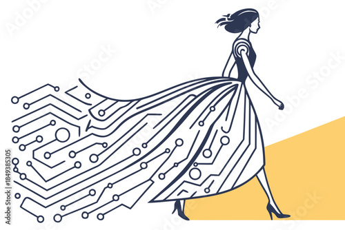 Digital Elegance: A silhouette of a woman in an artistic illustration, her dress adorned with intricate circuit board patterns, walking with poise and grace.