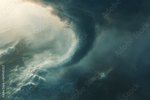 Dramatic Wave Formation - Turbulent Ocean Scene with Swirling Water and Dramatic Lighting.