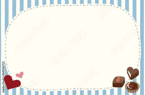 一口サイズのチョコレートとハートのイラスト付き　水色ストライプフレーム