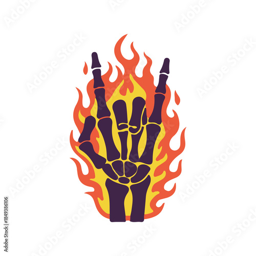 rock and roll flame fire hand bone skull art vector illustration