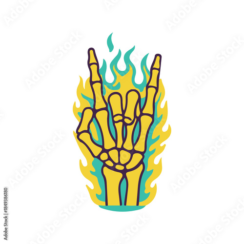 rock and roll flame fire hand bone skull art vector illustration