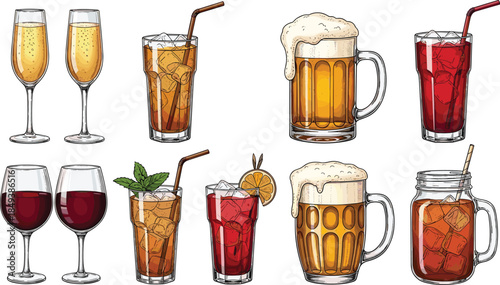Hand-drawn colorful illustrations of various alcoholic and non-alcoholic beverage drinks including wine, beer, champagne, and iced cocktails in glassware