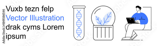 Genetic research, biotechnology, education, remote study, innovation, productivity. Test tube with DNA strand, plant in glass dome person on laptop. Genetic research and biotechnology
