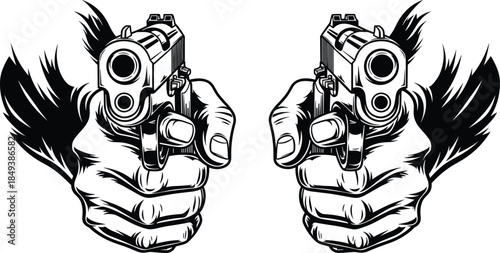 Hands Holding Two Pistols Aiming Directly at Viewer, Action Graphic Design Element, Black and White Vector Illustration of Handguns, Pointing Firearm Weapon Art.