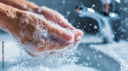 Dynamic Close-up - Hands Vigorously Washing Under Splashing Water, Creating Suds and Droplets, Hygiene Concept.