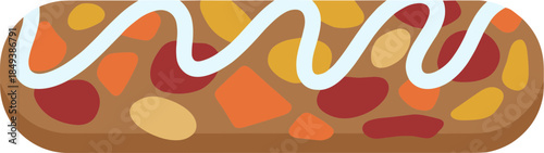 Vector illustration of a traditional Christmas fruitcake loaf with white icing drizzle.