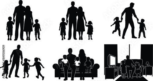 Happy Family Life Silhouette Vector Set, Parents and Children Standing Walking Watching TV Together, Childhood and Parenthood Black and White Illustration Collection.