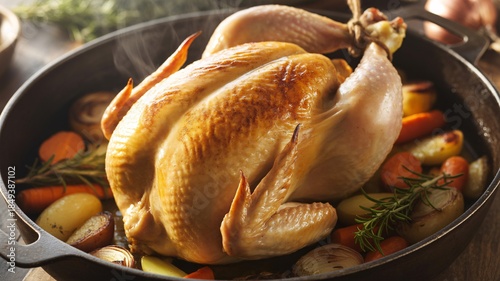 Fototapeta Naklejka Na Ścianę i Meble -  Roasted chicken with vegetables in a cast iron skillet