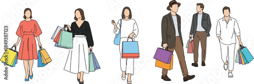 Happy Shoppers Walking Together Carrying Colorful Shopping Bags after Purchase on White Background, Retail Therapy, Consumerism, Fashion, Lifestyle.