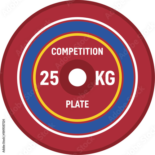 Red 25 kilogram competition weight plate vector illustration.