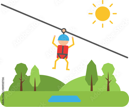 Illustrated character wearing safety gear on a zipline adventure.