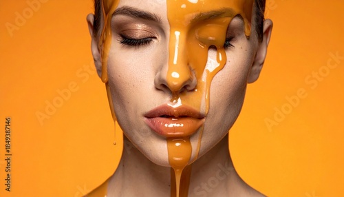 Beauty shot of a woman with golden honey dripping on her face, vibrant orange background