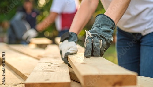 Person's Hands in Work Gloves Arranging Wooden Planks for Construction or DIY Project Outdoors