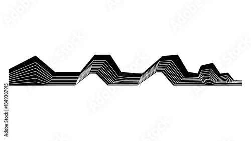 Abstract black and white waveform graphic with layered lines and geometric shapes