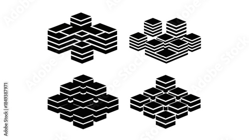 Abstract geometric block arrangements in isometric perspective black and white vector graphics
