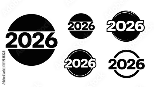 Collection of 2026 year icons and logos simple black and white design celebrating the upcoming year